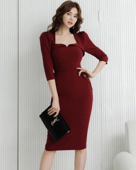 Wine-red autumn profession long package hip short sleeve dress