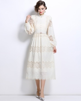 Lace splice autumn dress slim pearl hollow belt for women