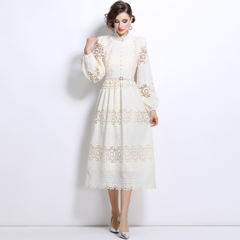 Lace splice autumn dress slim pearl hollow belt for women