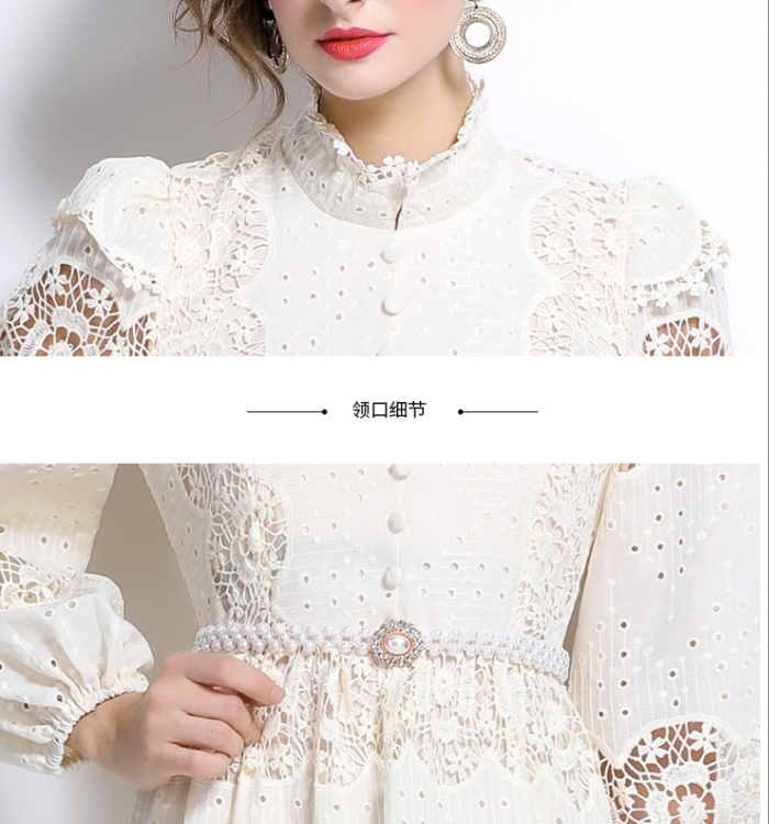 Lace splice autumn dress slim pearl hollow belt for women