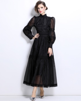 Long puff sleeve pinched waist autumn organza dress for women