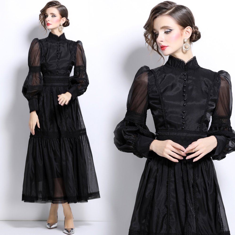 Long puff sleeve pinched waist autumn organza dress for women