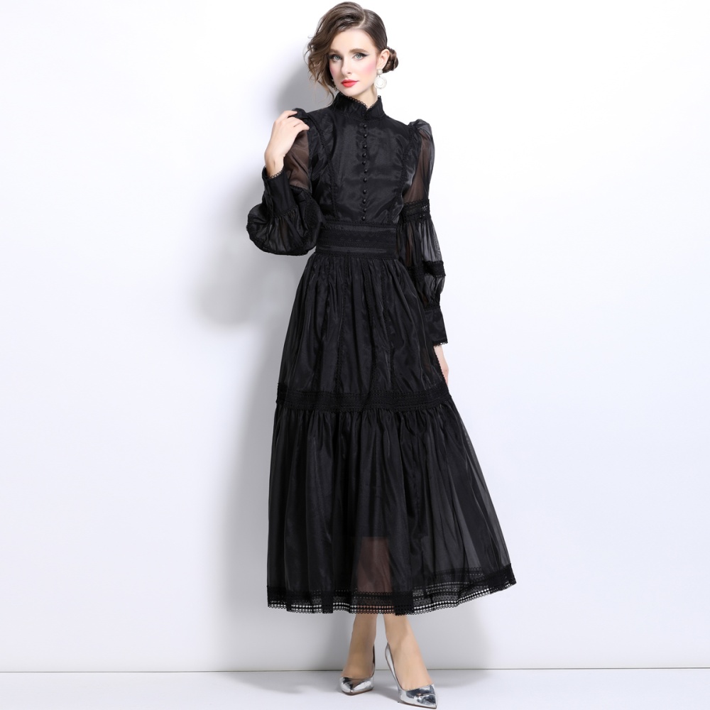 Long puff sleeve pinched waist autumn organza dress for women