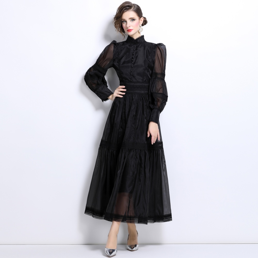 Long puff sleeve pinched waist autumn organza dress for women