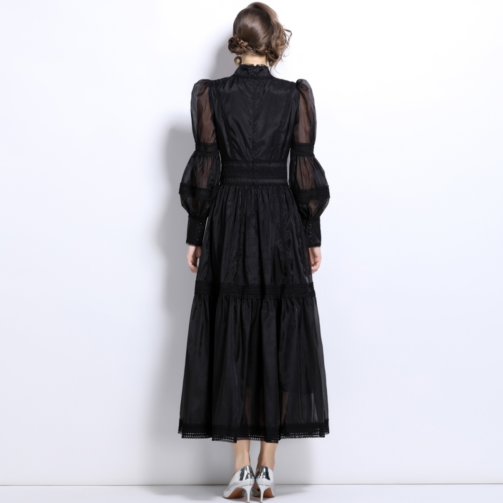 Long puff sleeve pinched waist autumn organza dress for women