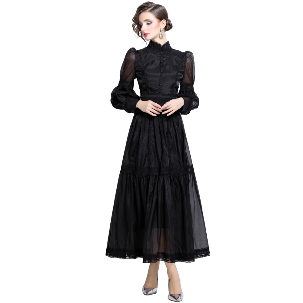 Long puff sleeve pinched waist autumn organza dress for women