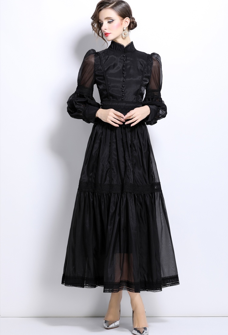 Long puff sleeve pinched waist autumn organza dress for women