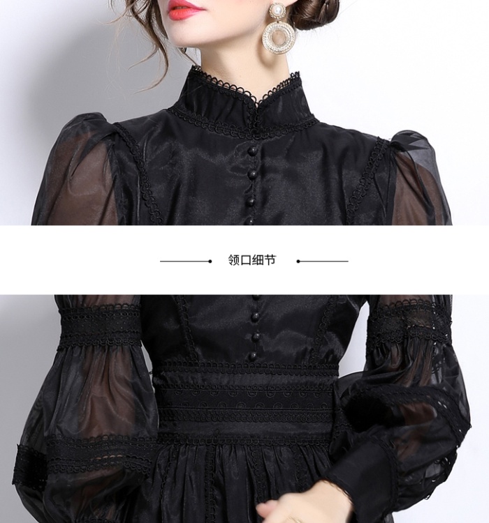 Long puff sleeve pinched waist autumn organza dress for women