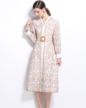 V-neck slim dress embroidery hollow cardigan