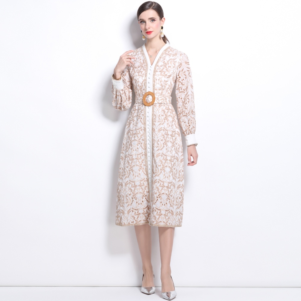 V-neck slim dress embroidery hollow cardigan