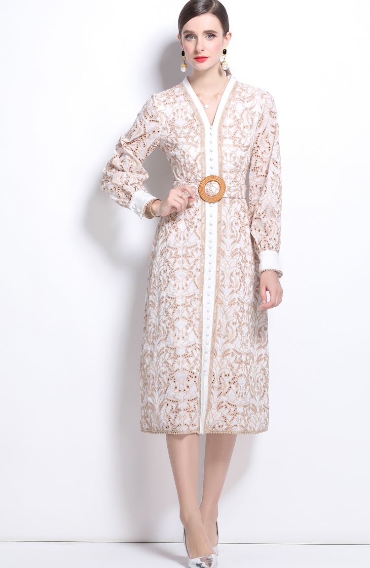 V-neck slim dress embroidery hollow cardigan