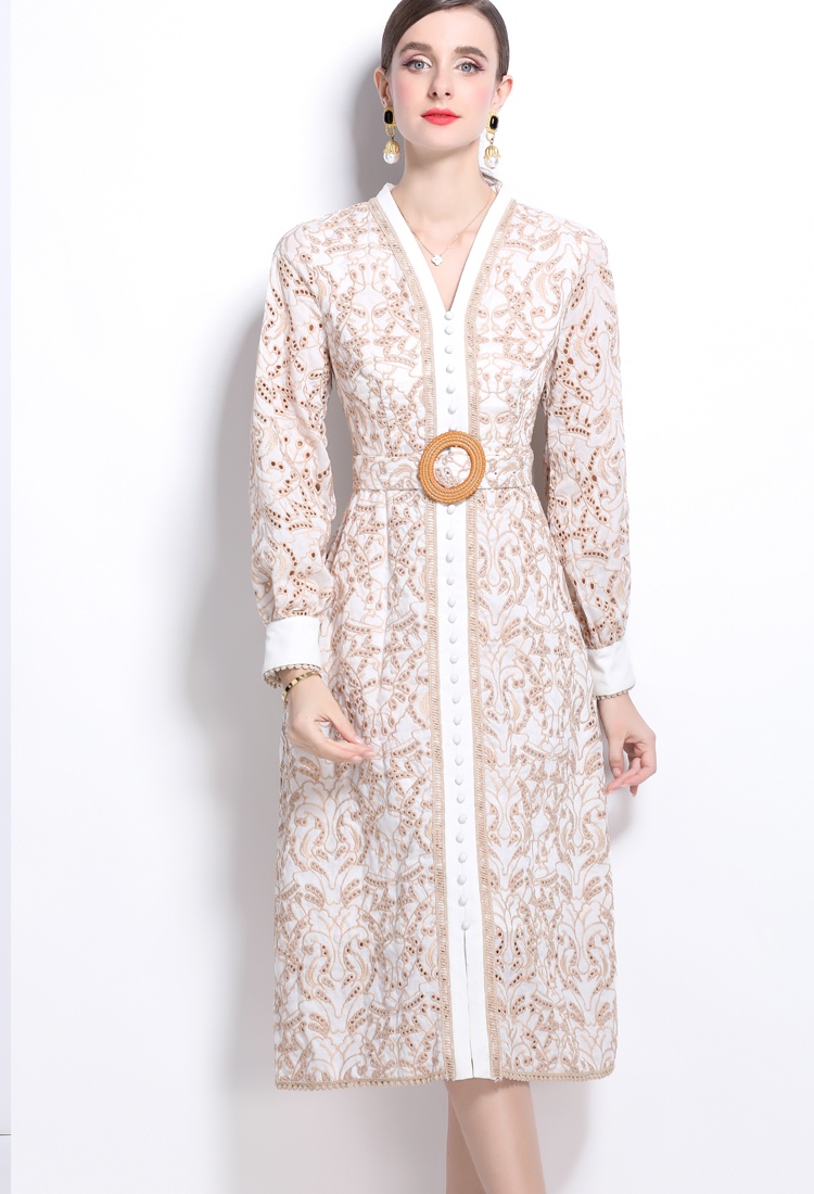 V-neck slim dress embroidery hollow cardigan