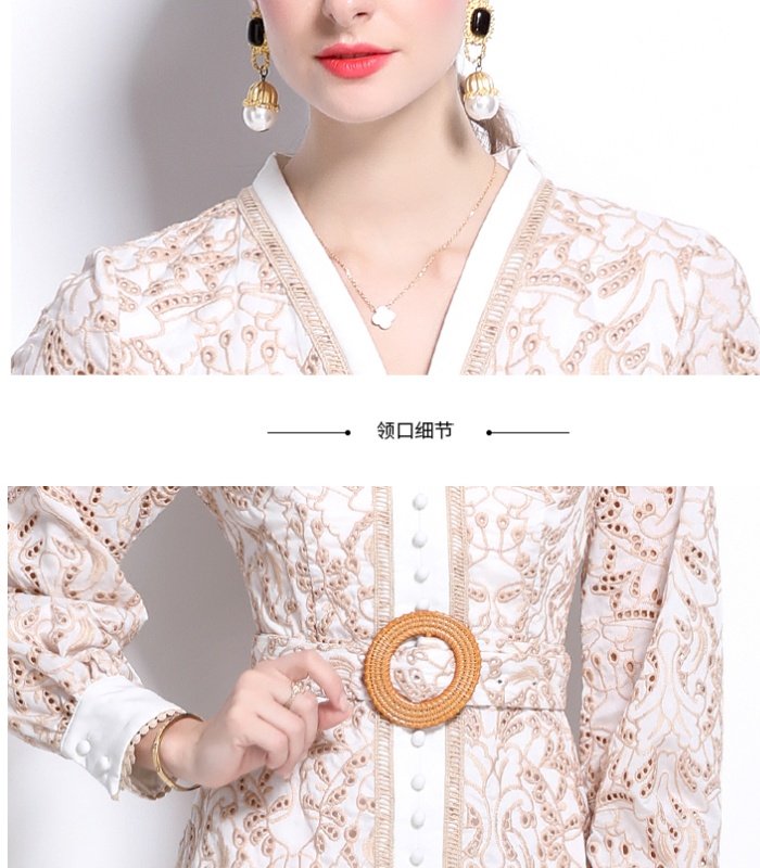 V-neck slim dress embroidery hollow cardigan