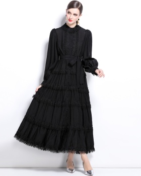 Breasted long vacation autumn intellectuality lace dress