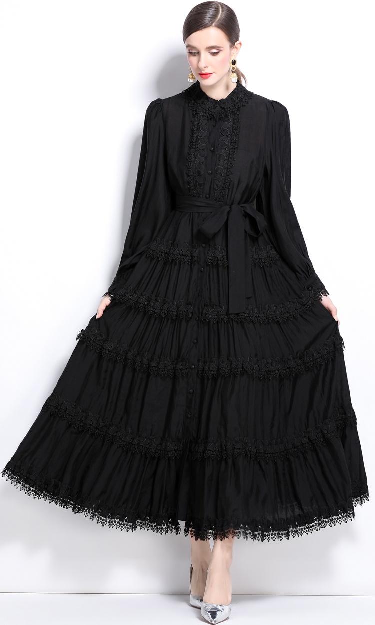 Breasted long vacation autumn intellectuality lace dress