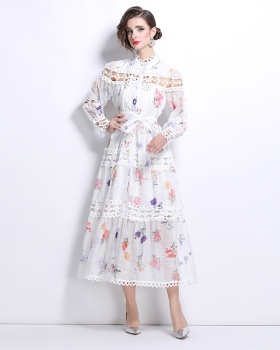 Floral cstand collar single-breasted printing dress