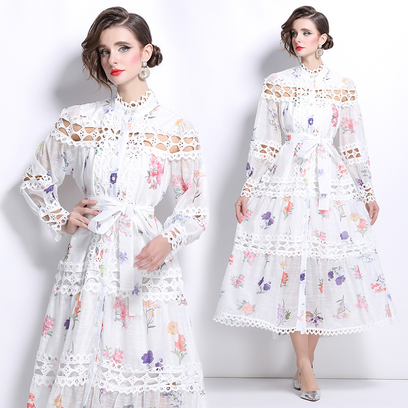 Floral cstand collar single-breasted printing dress