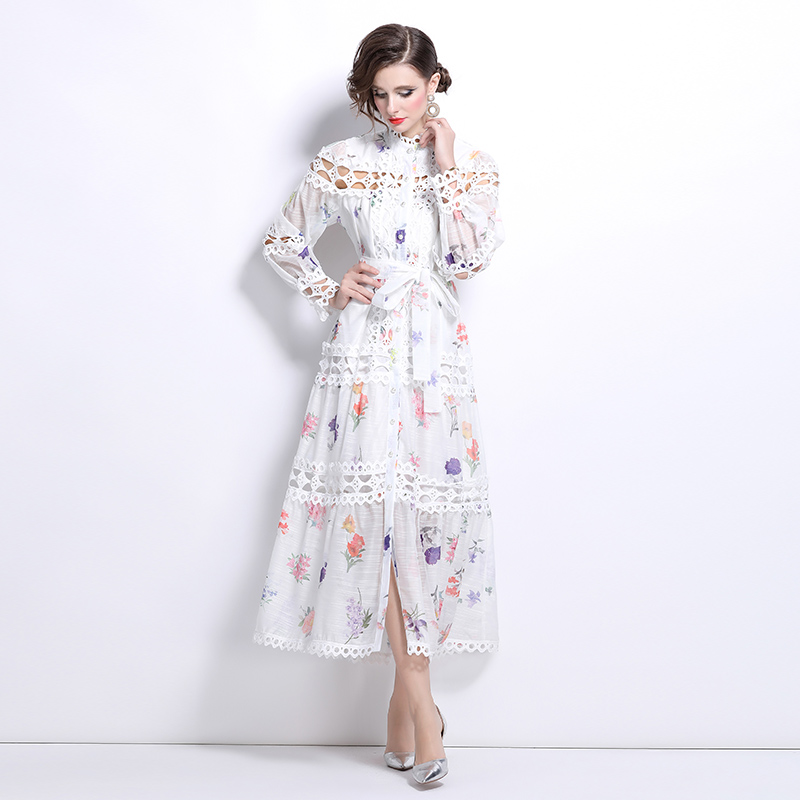 Floral cstand collar single-breasted printing dress