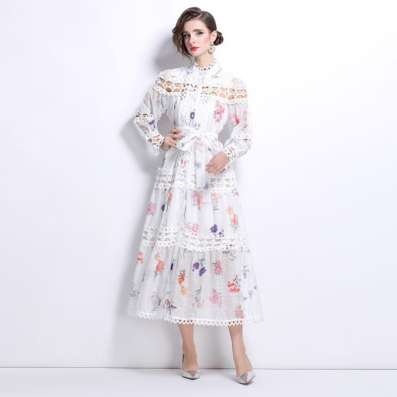 Floral cstand collar single-breasted printing dress