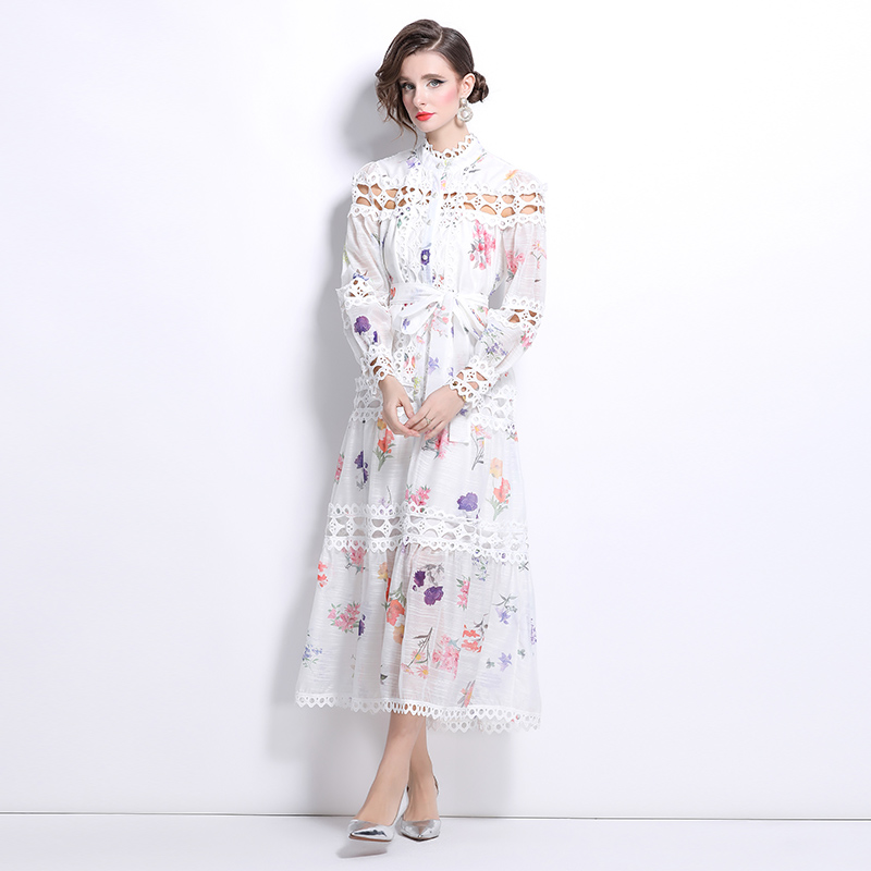 Floral cstand collar single-breasted printing dress