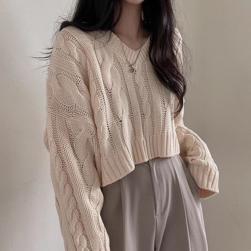 Twist Korean style retro long sleeve pullover sweater for women