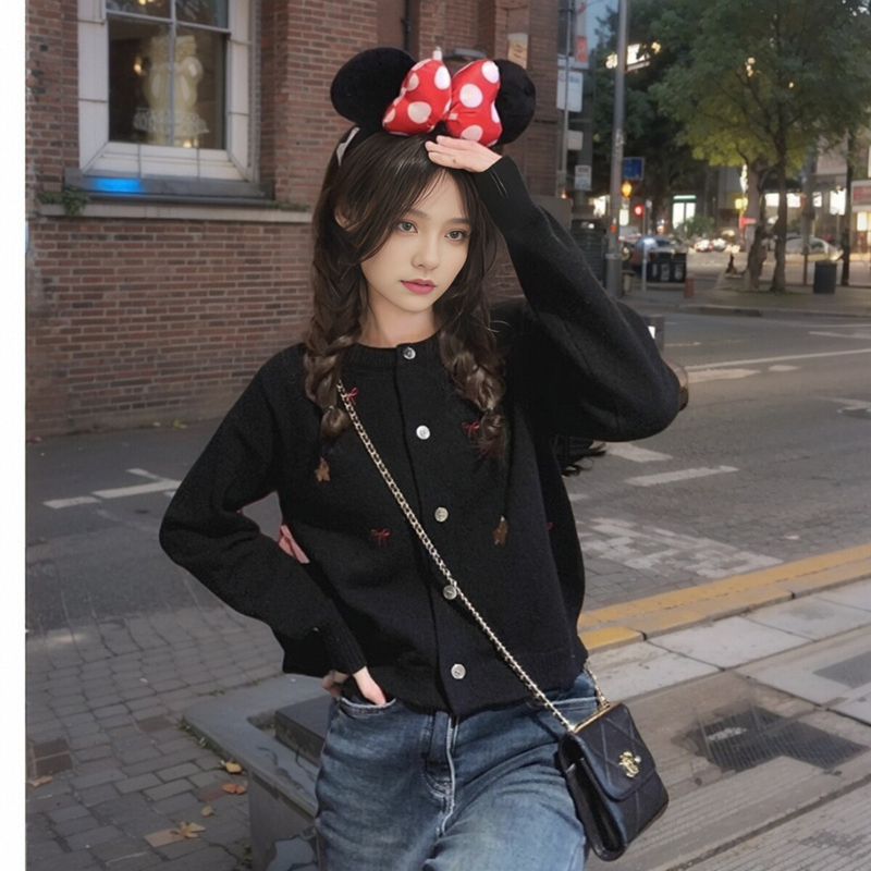 Bow short knitted autumn coat long sleeve slim sweet tops