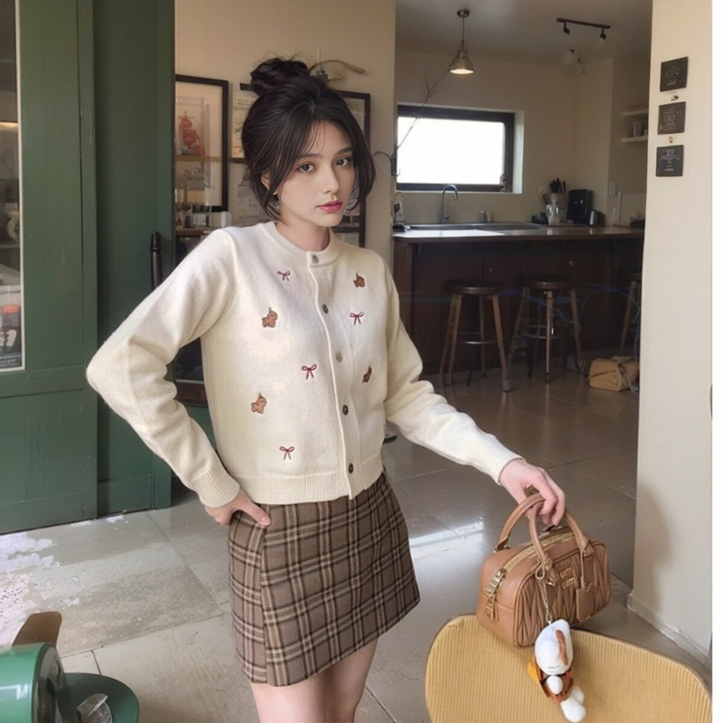 Bow short knitted autumn coat long sleeve slim sweet tops