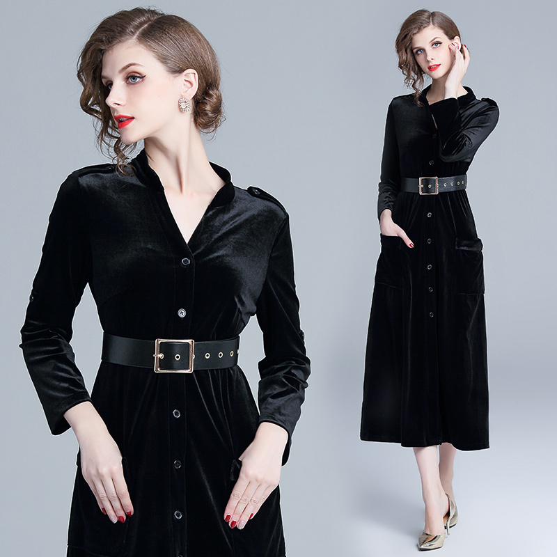 European style long sleeve long dress velvet dress