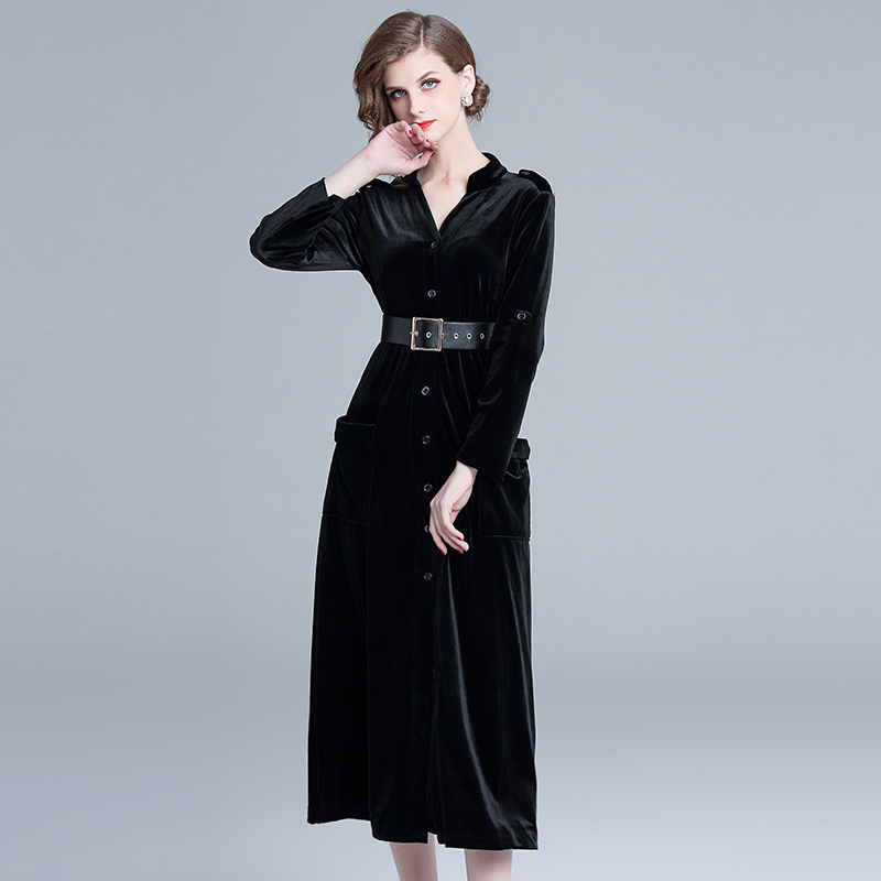 European style long sleeve long dress velvet dress