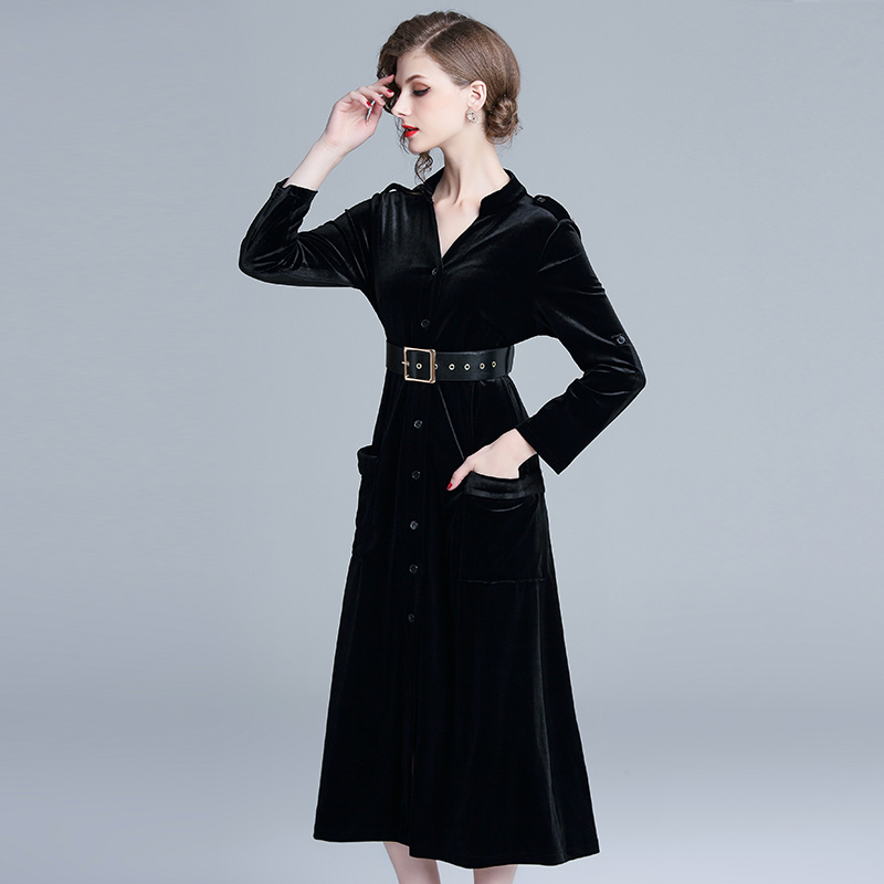 European style long sleeve long dress velvet dress