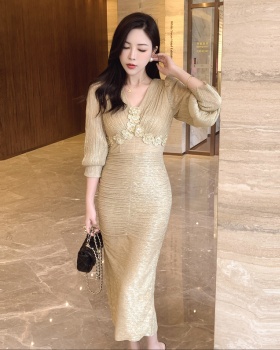 Ladies gold dress flowers evening dress for women