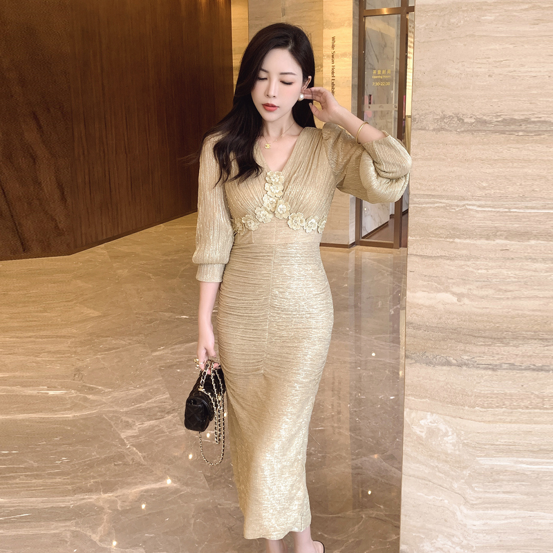 Ladies gold dress flowers evening dress for women