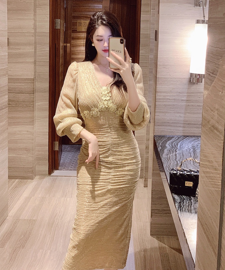 Ladies gold dress flowers evening dress for women