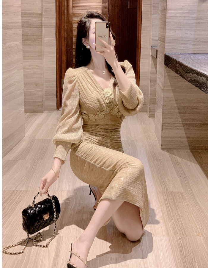 Ladies gold dress flowers evening dress for women