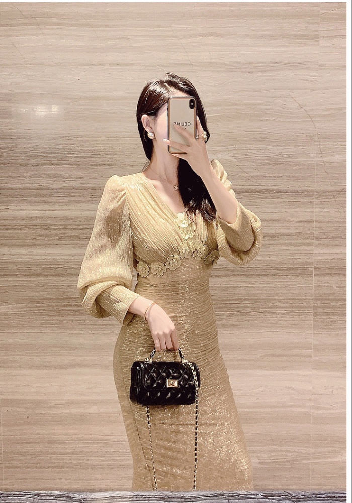 Ladies gold dress flowers evening dress for women