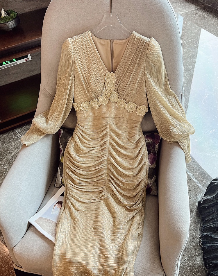 Ladies gold dress flowers evening dress for women