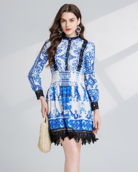 Printing lace high waist embroidery slim cotton hollow dress