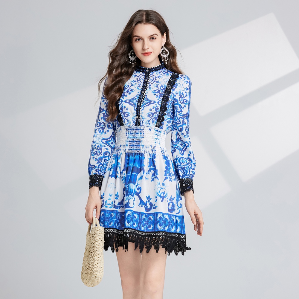 Printing lace high waist embroidery slim cotton hollow dress