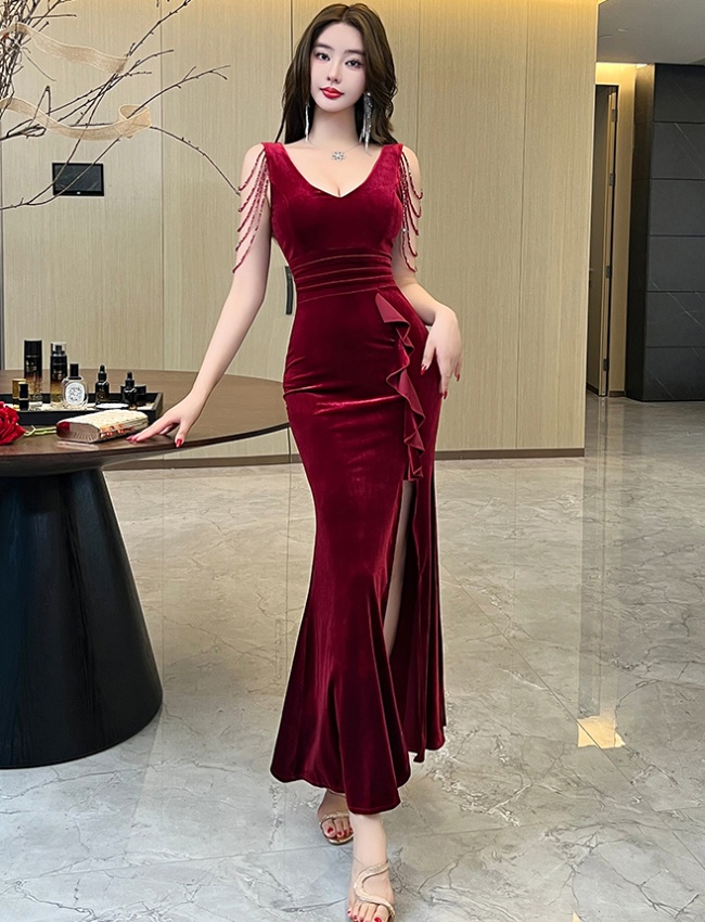 V-neck velvet evening dress sexy long dress for women