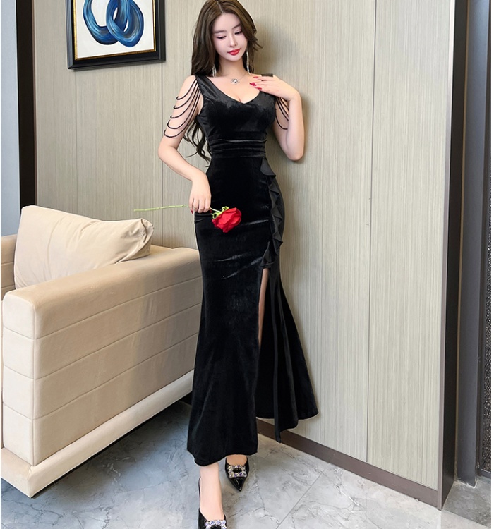 V-neck velvet evening dress sexy long dress for women