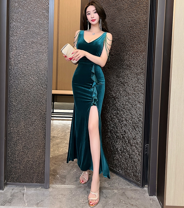 V-neck velvet evening dress sexy long dress for women