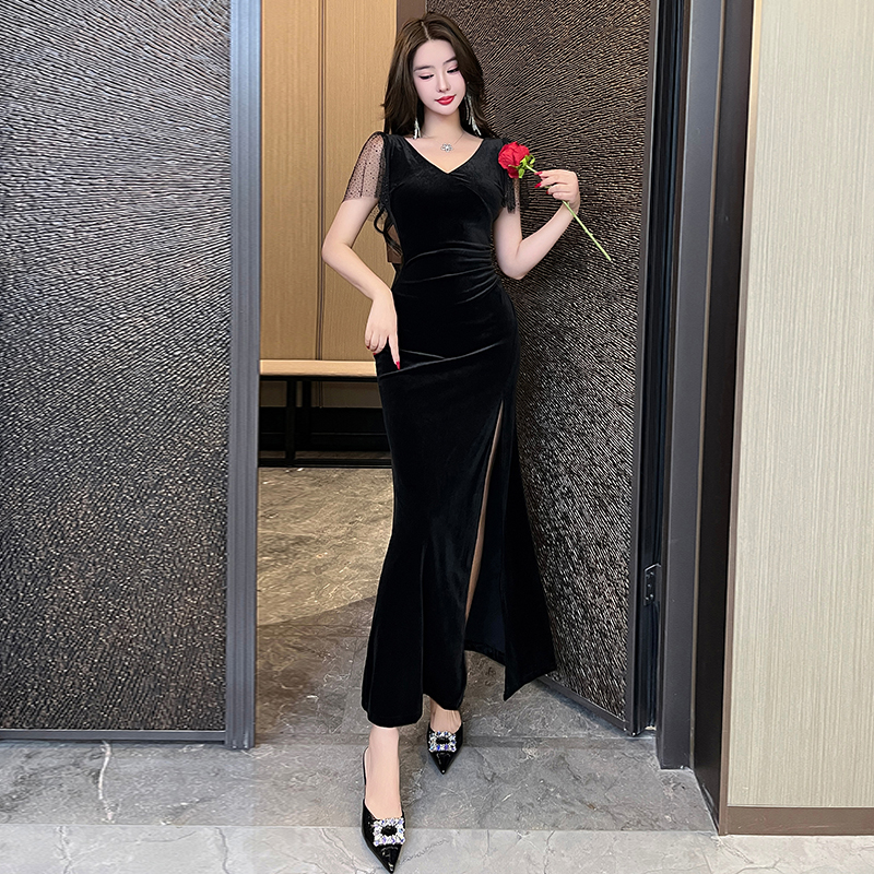 Sexy V-neck evening dress slim temperament long dress