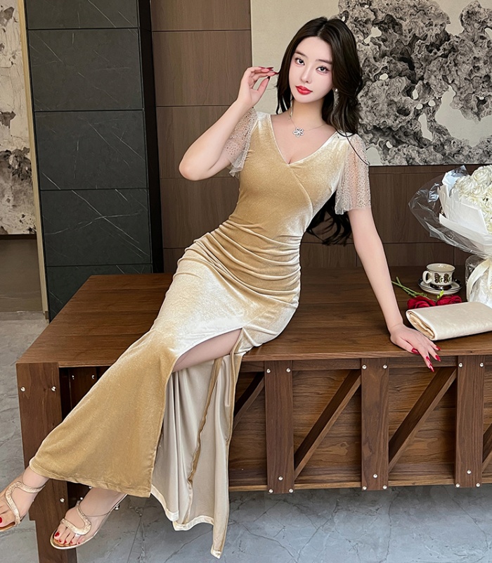 Sexy V-neck evening dress slim temperament long dress