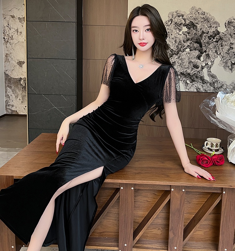 Sexy V-neck evening dress slim temperament long dress