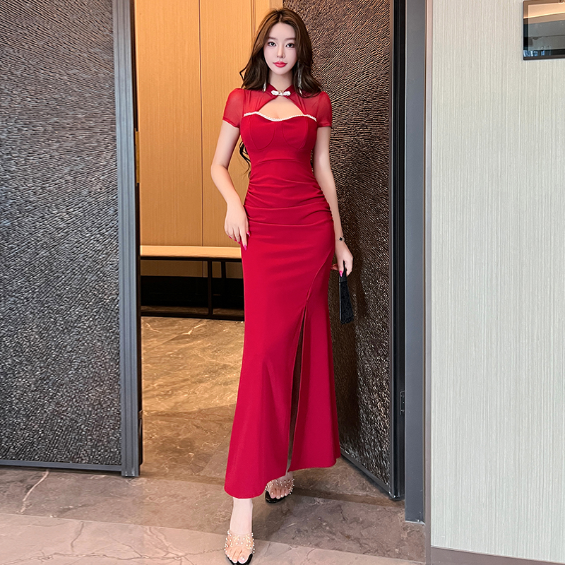 Long overalls cheongsam package hip dress for women