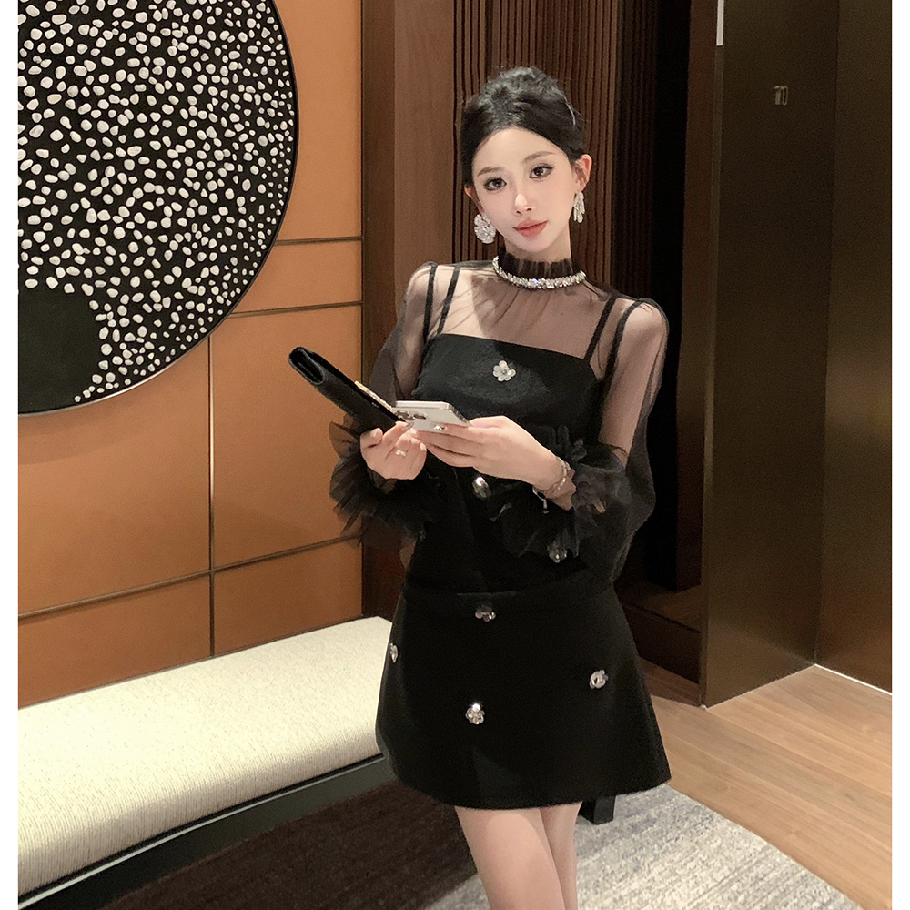 Autumn and winter sling petal gauze tops 2pcs set