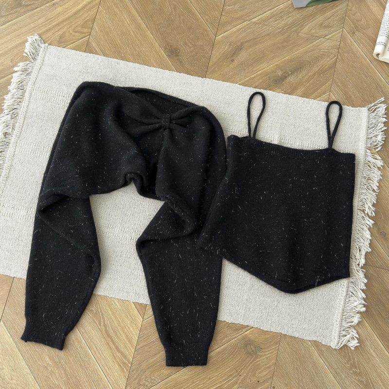 Slim flat shoulder vest sling knitted smock 2pcs set