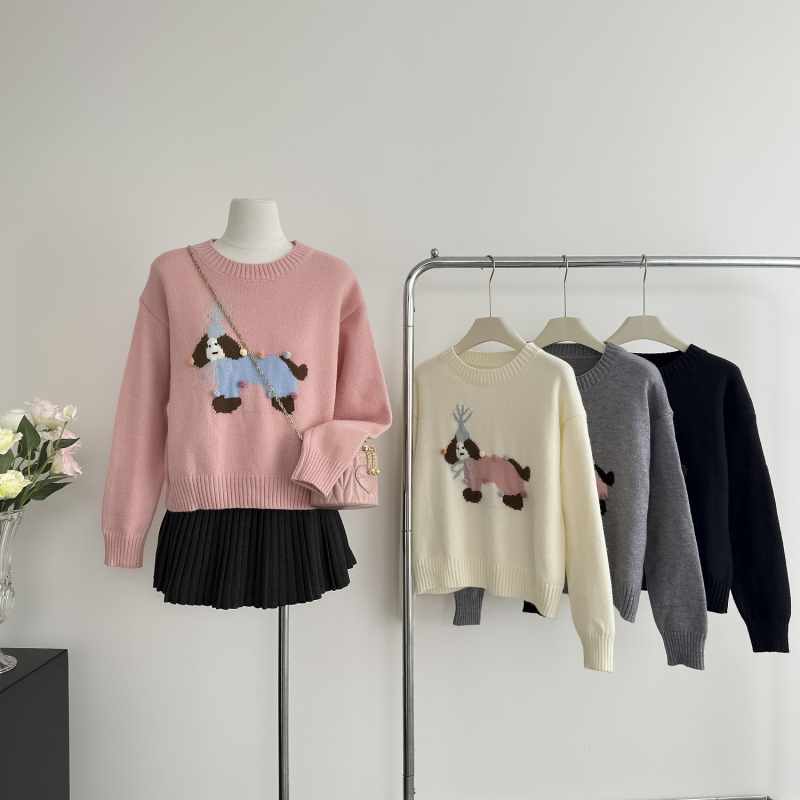 Round neck knitted cartoon all-match loose sweater