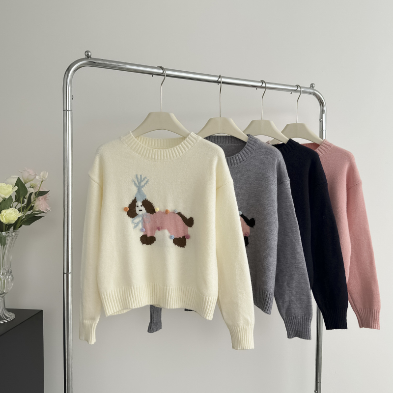 Round neck knitted cartoon all-match loose sweater