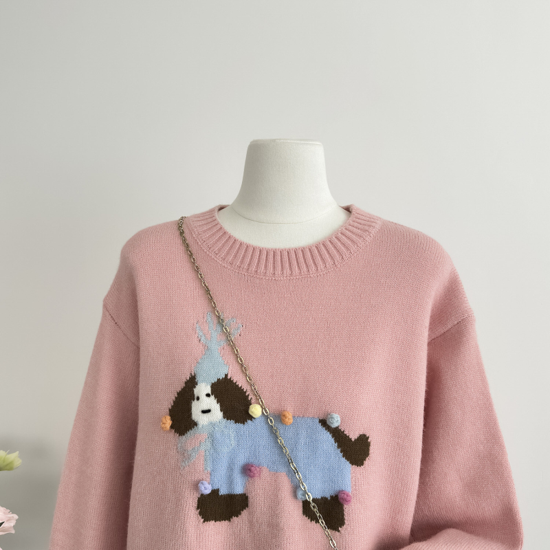 Round neck knitted cartoon all-match loose sweater